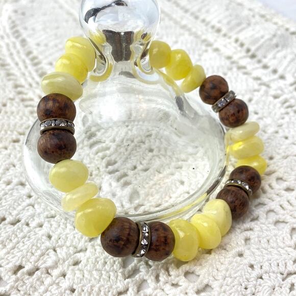 Stone Wood Rhinestone Beaded Bracelet Yellow Brown - Picture 1 of 2